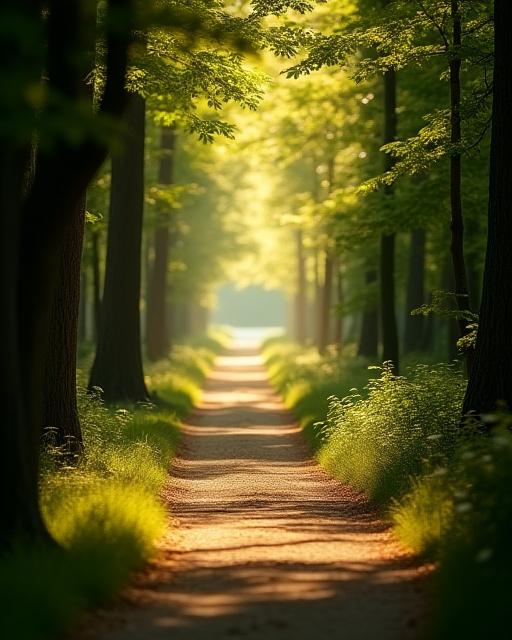 A calm, sunlit path through a quiet forest.